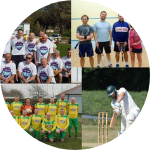Four photos showing sports teams posing for team photos, squash players and a cricket player.