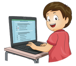 A cartoon boy typing on a laptop.