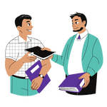 Two cartoon men holding folders with information in them. One of the men is passing a folder to the other.
