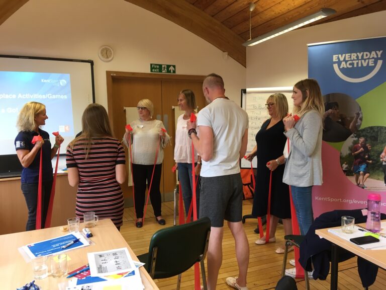 group of people at a workshop using resistance bands
