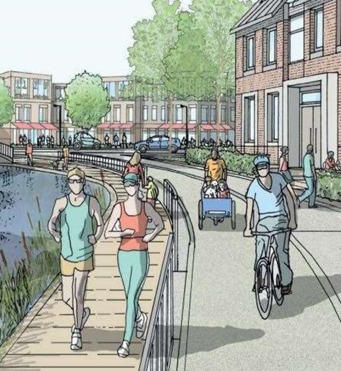 Artists drawing of an active street with people walking and cycling