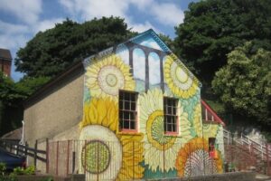 front of sunflower house building