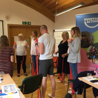 group of people at a workshop using resistance bands