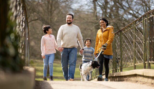 family walking in the park with their dog
