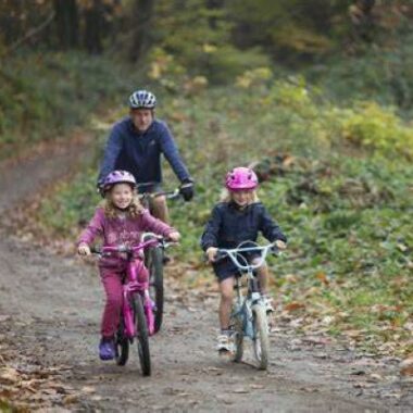 adult cycling with two young children