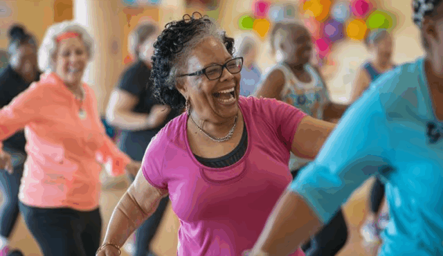 Woman smiling whilst dancing at a zumba class