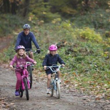 adult cycling with two young children